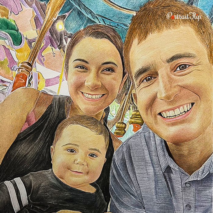 Colored pencil drawing of a couple with their baby